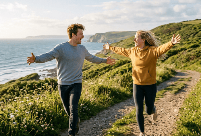 Two people running with arms outstretched on a coastal trail