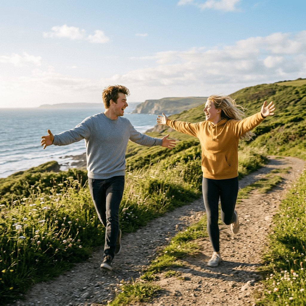 Two people running with arms outstretched on a coastal trail